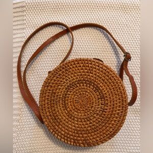 Round Woven Tan Crossbody Bag